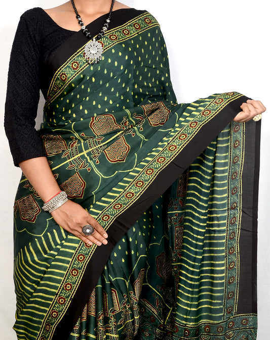 "Emerald Dusk – Green Ajrakh Hand Block Print Saree in Modal Silk"