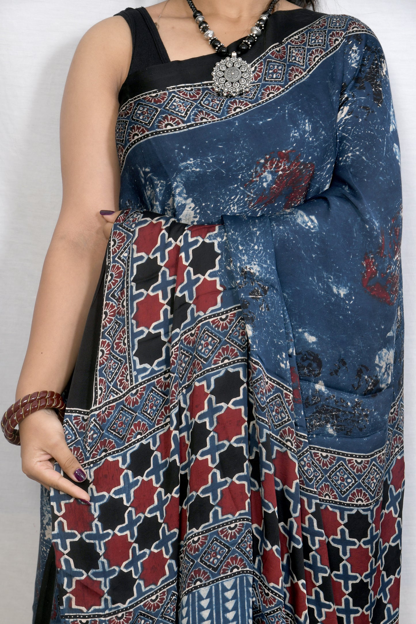 "Indigo Dusk – Handcrafted Ajrakh Saree in Modal Elegance"