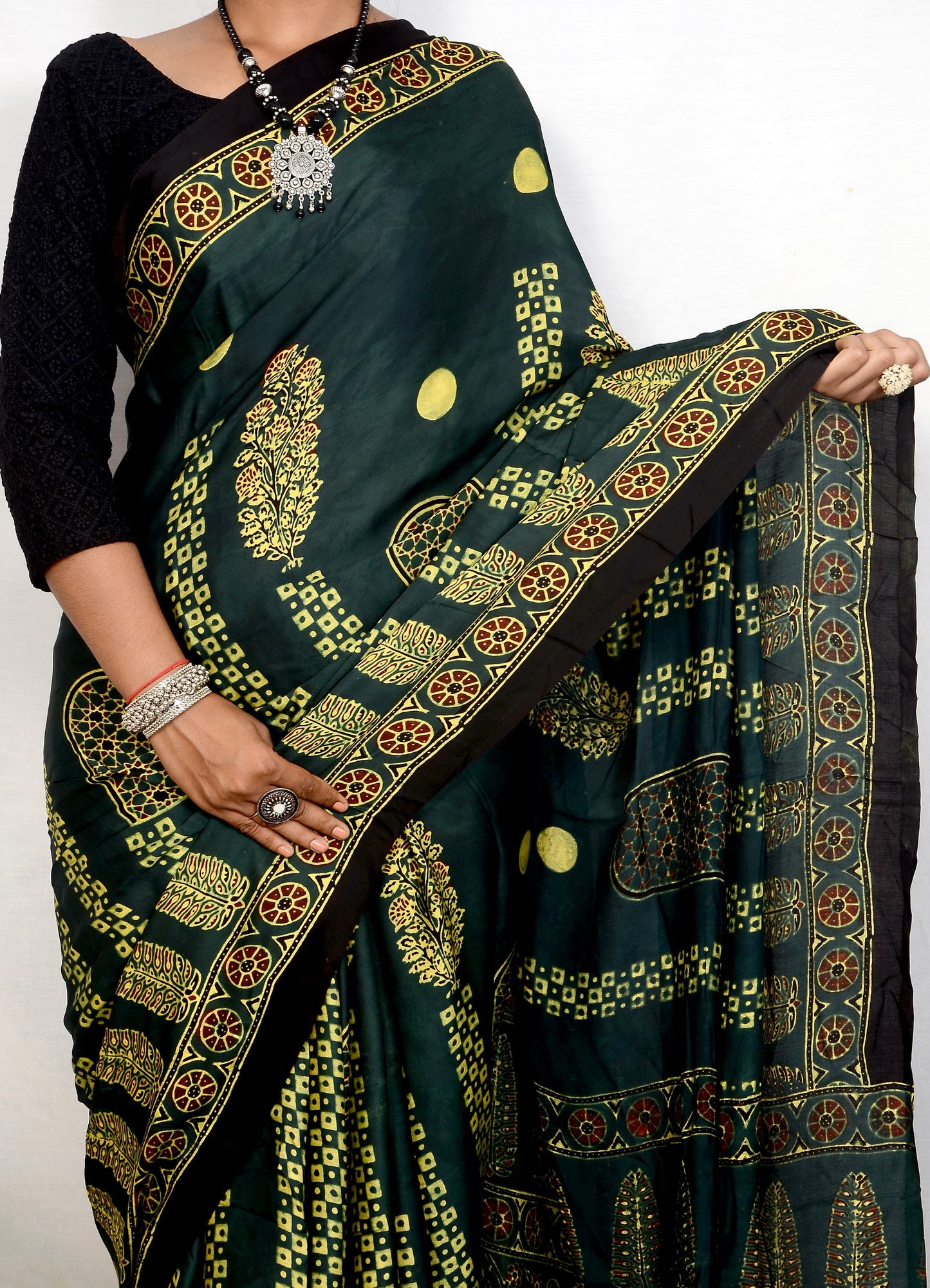 "Verdant Soul – Handcrafted Green Ajrakh Saree in Modal Silk"