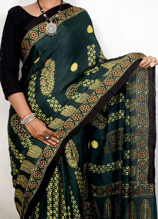 "Verdant Soul – Handcrafted Green Ajrakh Saree in Modal Silk"