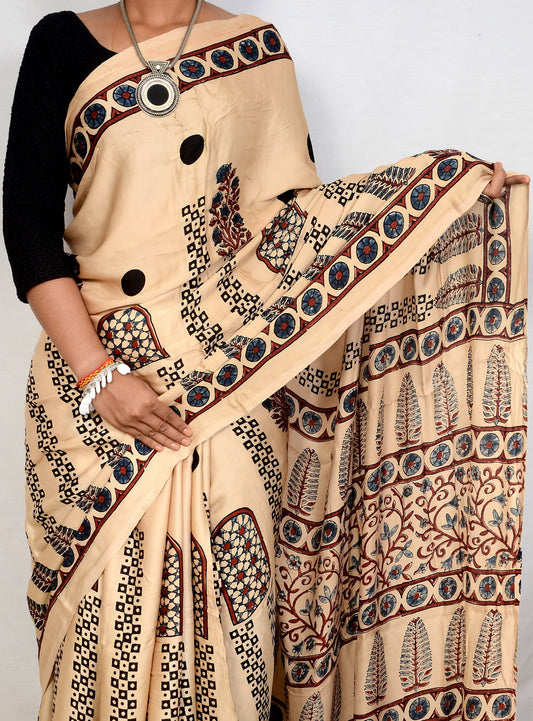 "Desert Pearl – White Ajrakh Saree in Modal Silk"