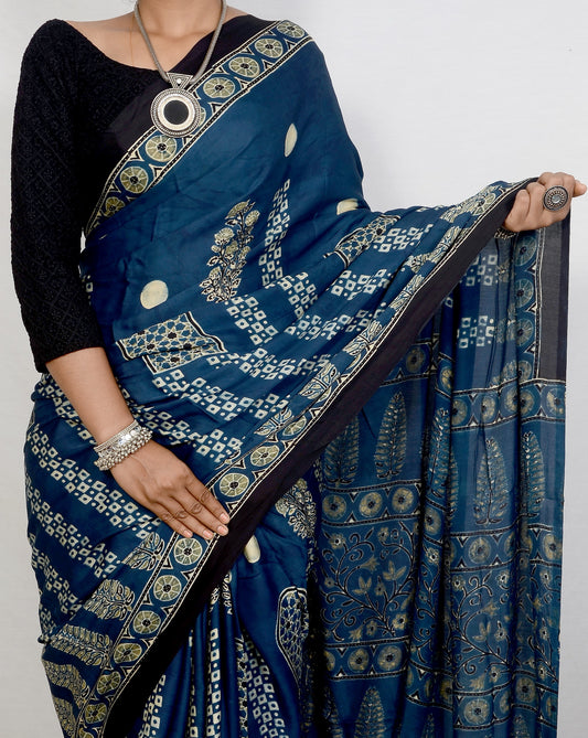 "Indigo Raga – Ajrakh Hand Block Print Saree in Modal Silk"