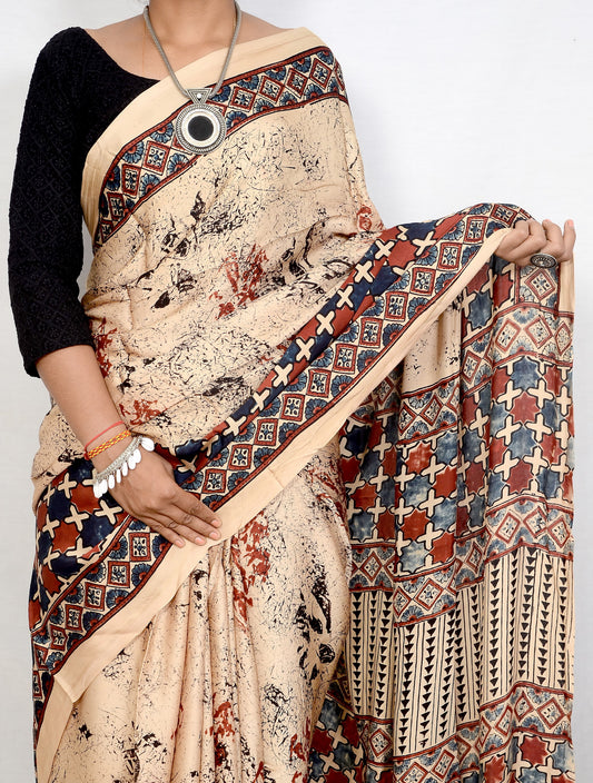 "Ivory Echo – White Ajrakh Saree in Modal Silk"