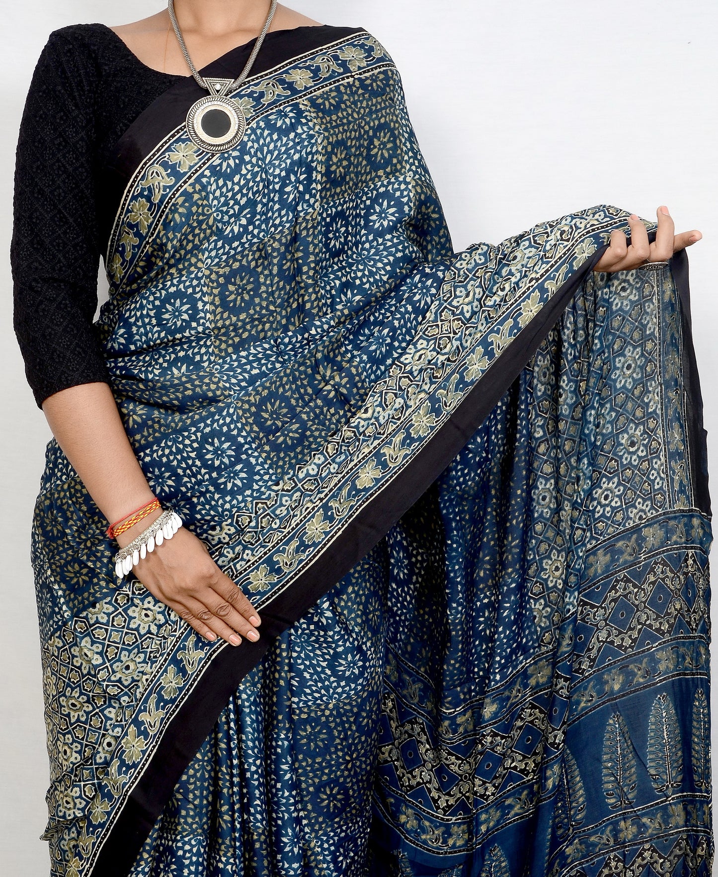 "Neela Sannata – Indigo Ajrakh Modal Silk Saree"