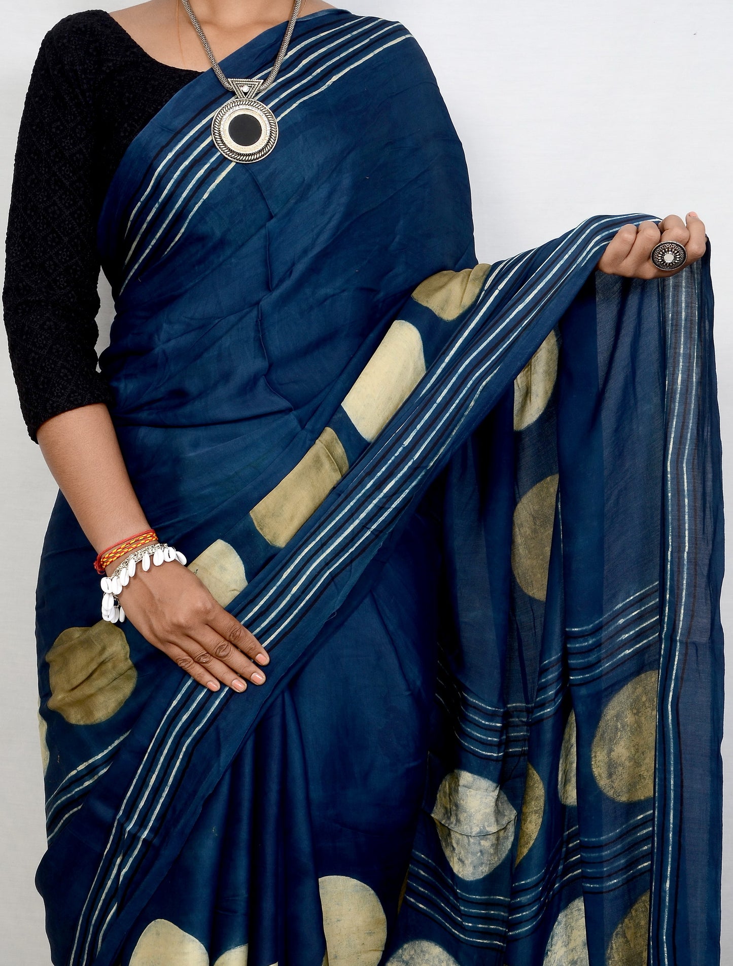 "Indigo Orbit – Blue Circle Motif Ajrakh Saree in Modal Silk"