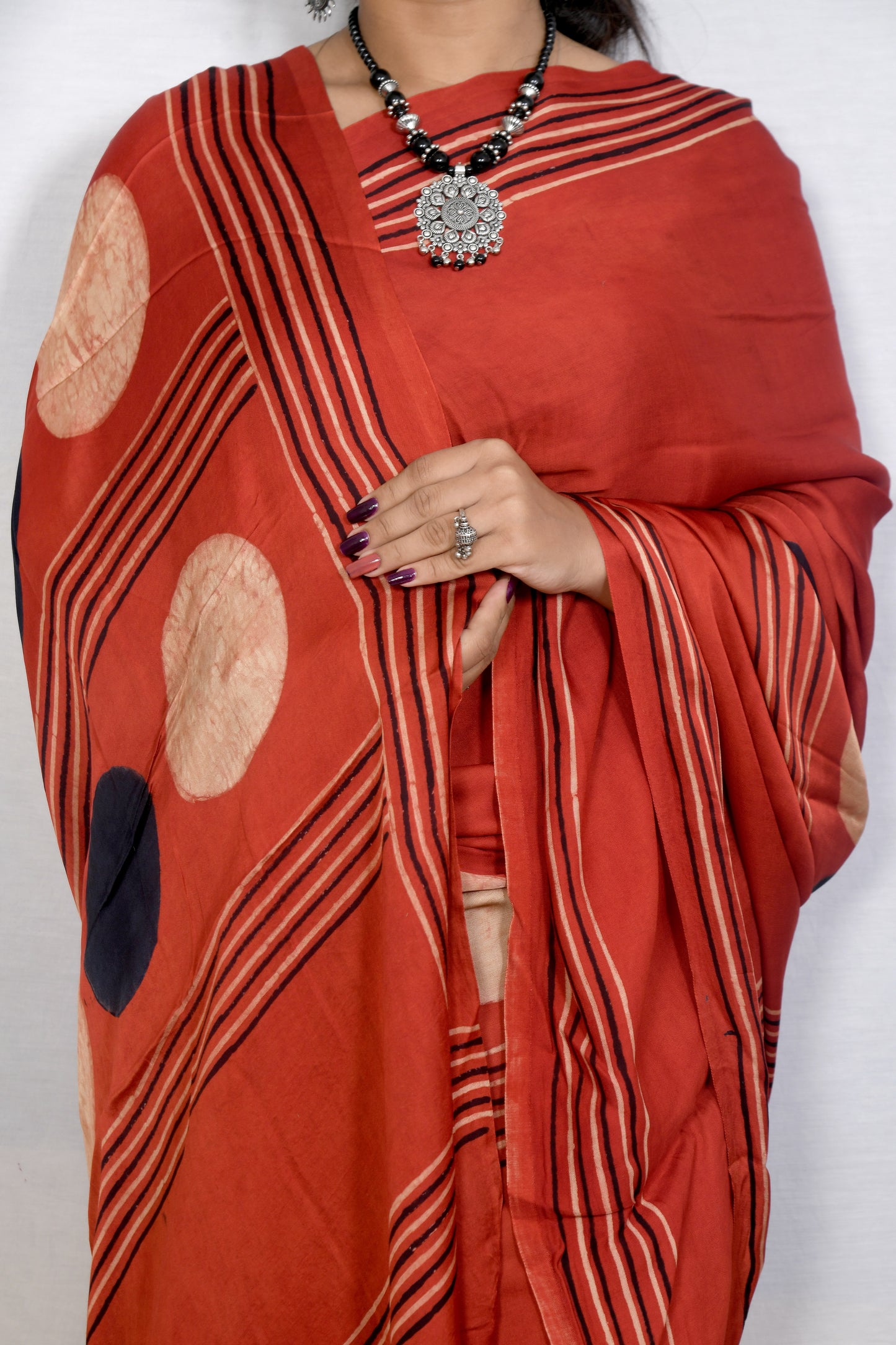 "Circle of Heritage – Maroon Ajrakh Saree in Natural Dyes"