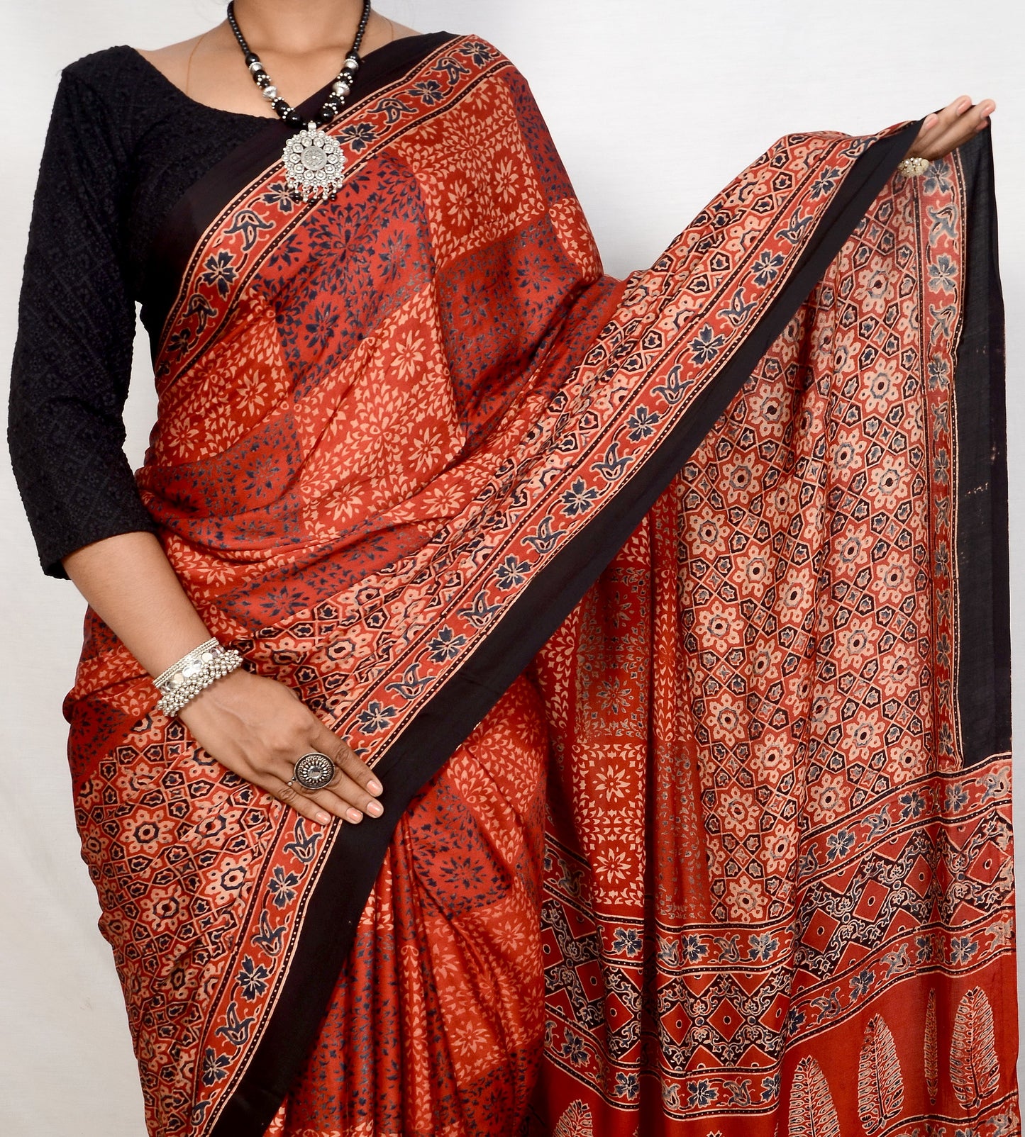 "Maroon Majesty – Ajrakh Hand Block Print Saree in Modal Silk"