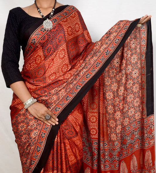 "Maroon Majesty – Ajrakh Hand Block Print Saree in Modal Silk"