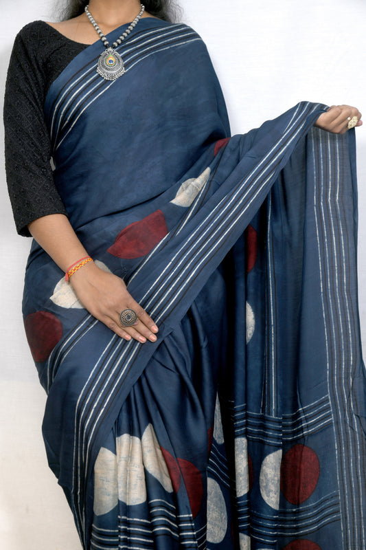 "Celestial Circles – Handcrafted Indigo Ajrakh Modal Silk Saree"
