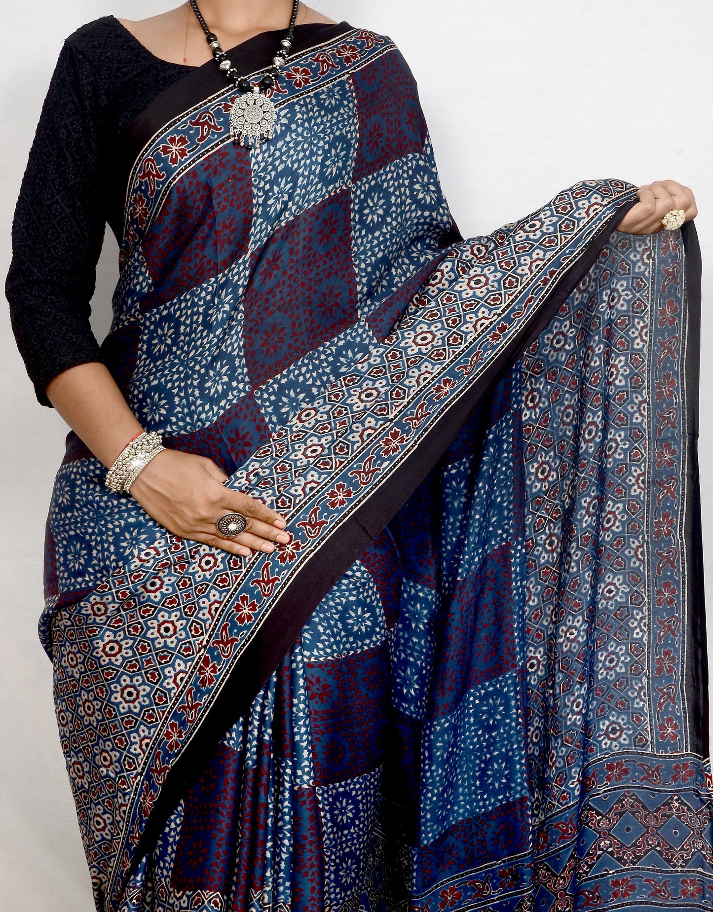 "Midnight Rhythm – Indigo Ajrakh Hand Block Print Saree in Modal Silk"