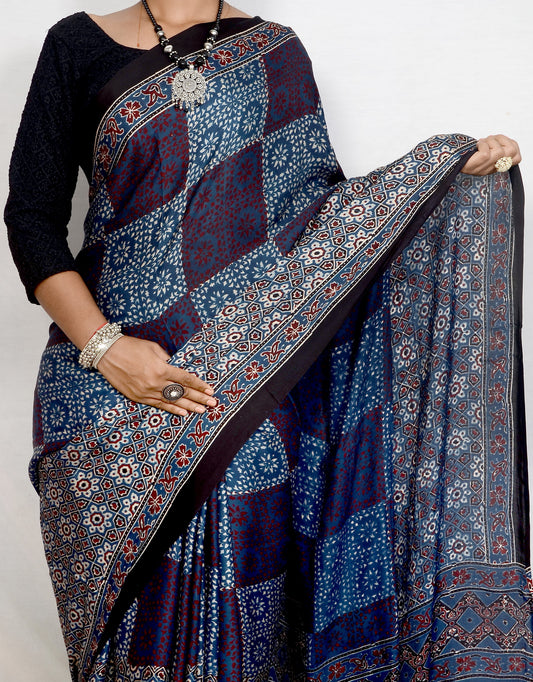 "Midnight Rhythm – Indigo Ajrakh Hand Block Print Saree in Modal Silk"