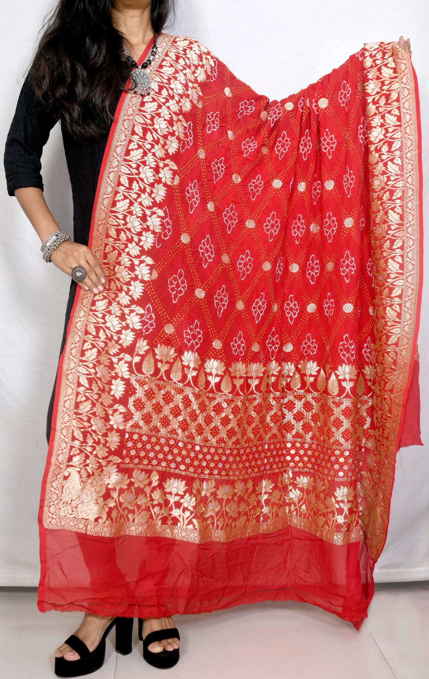 Handloom Red Khaddi Georgette Rai Bandhej Dupatta with Tested Zari – Traditional Artistry