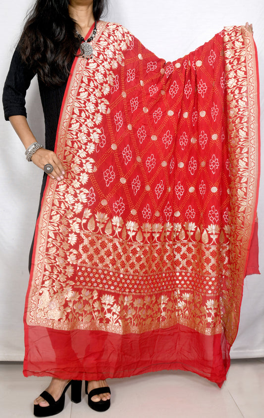 Handloom Red Khaddi Georgette Rai Bandhej Dupatta with Tested Zari – Traditional Artistry
