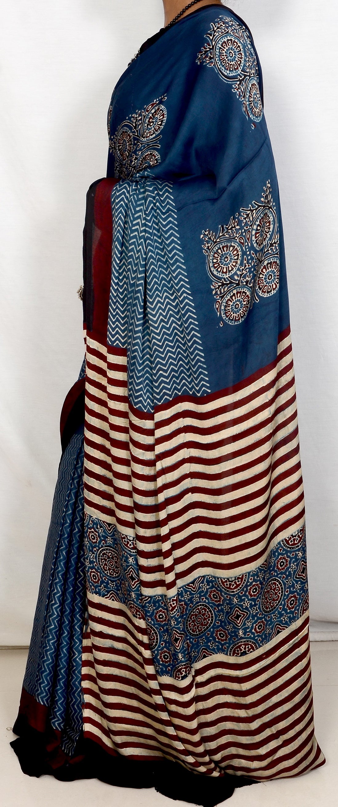 "Ocean Bloom – Blue Ajrakh Hand Block Print Saree in Modal Silk"