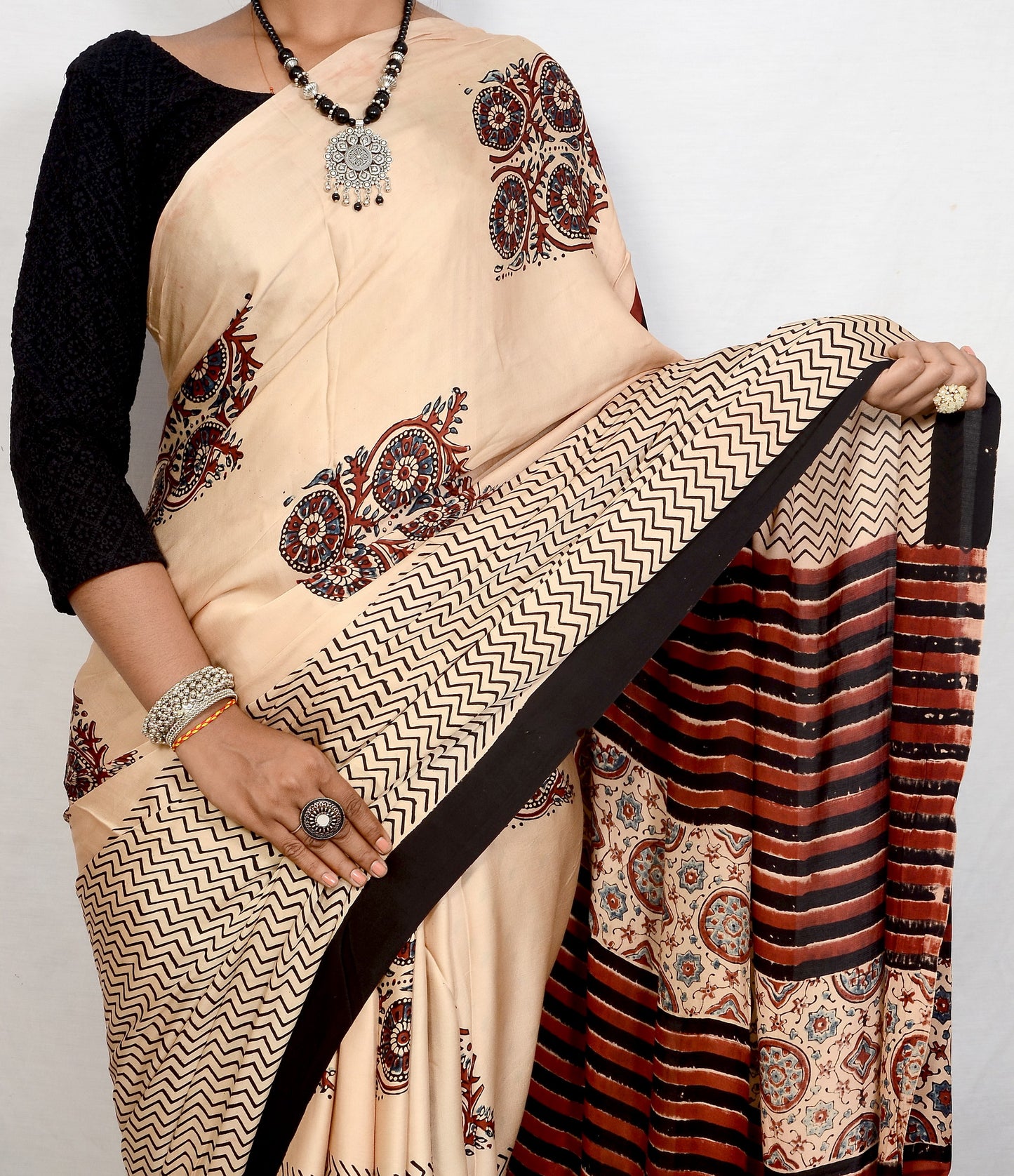 "Moonlight Verse – White Ajrakh Saree in Modal Silk"