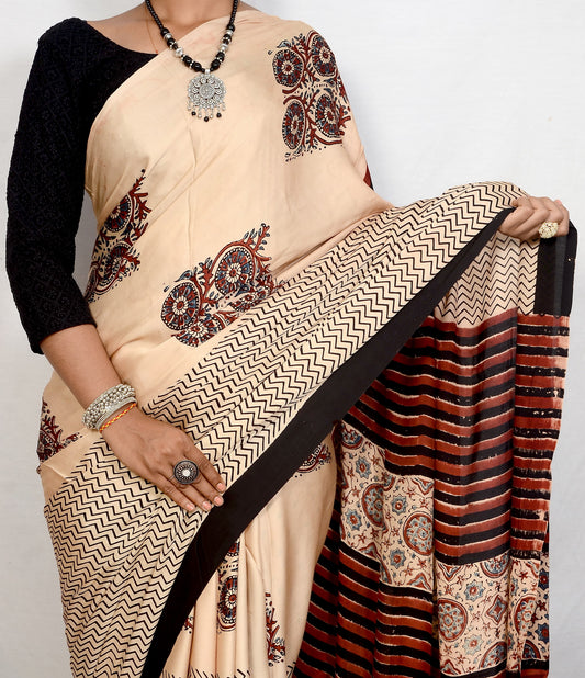 "Moonlight Verse – White Ajrakh Saree in Modal Silk"