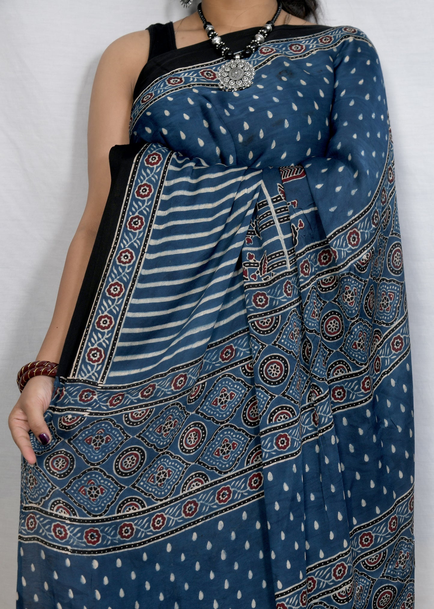 Elegant Indigo Modal Silk Saree – Handcrafted Ajrakh Block Print