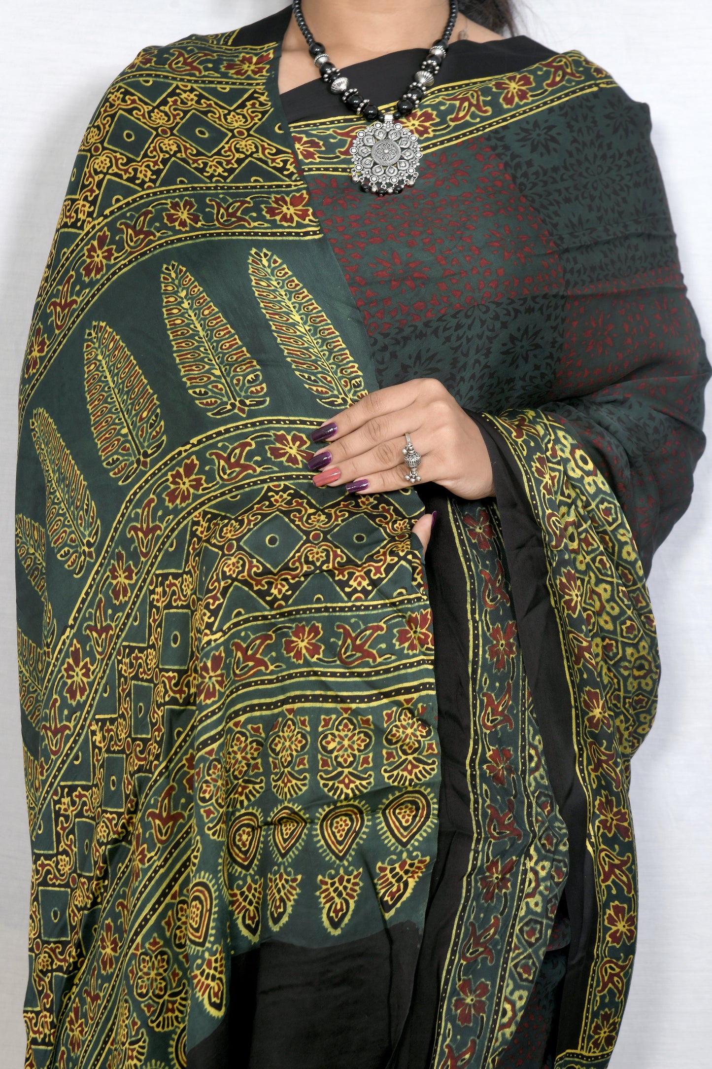 "Forest Grace – Green Ajrakh Hand Block Print Saree in Modal Silk"