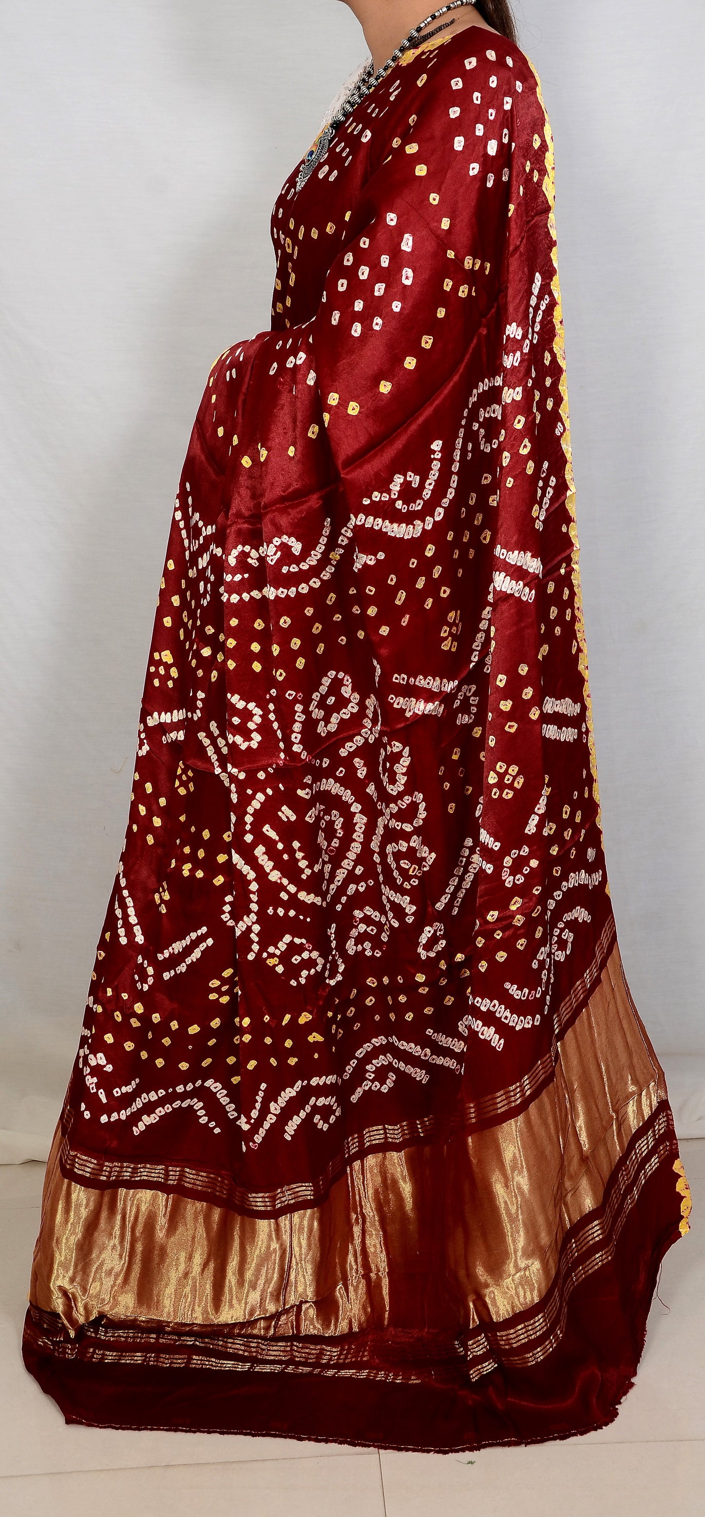 "Red Circle Design Modal Silk Bandhani Saree with Edging – Handcrafted Elegance"