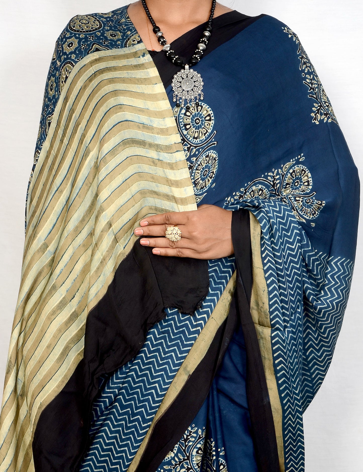 "Indigo Whispers – A Tale in Ajrakh on Modal Silk"