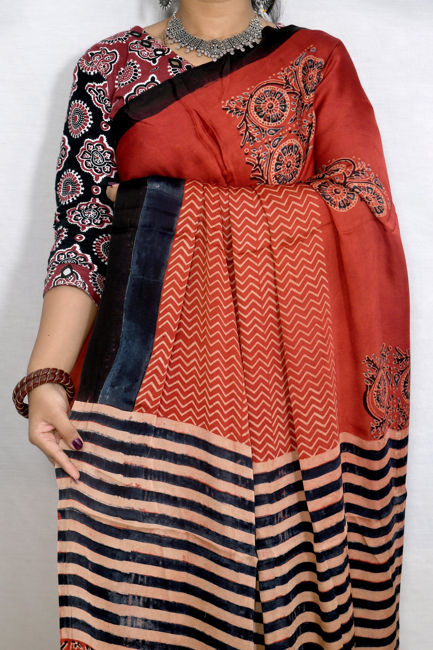 "Maroon Mystique – Modal Saree with Hand Block Ajrakh Print"