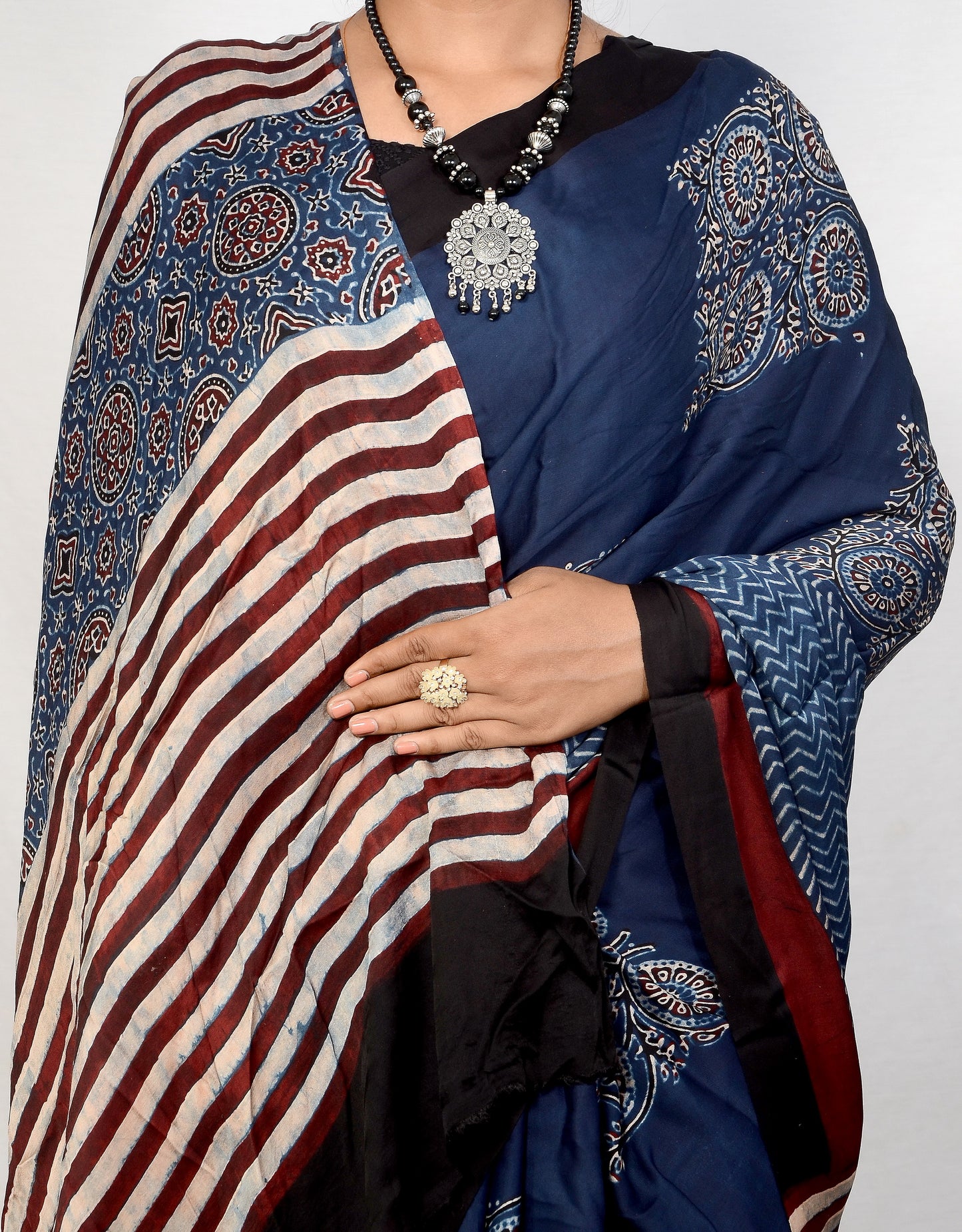 "Nila Veil – Blue Ajrakh Hand Block Print Saree in Modal Silk"
