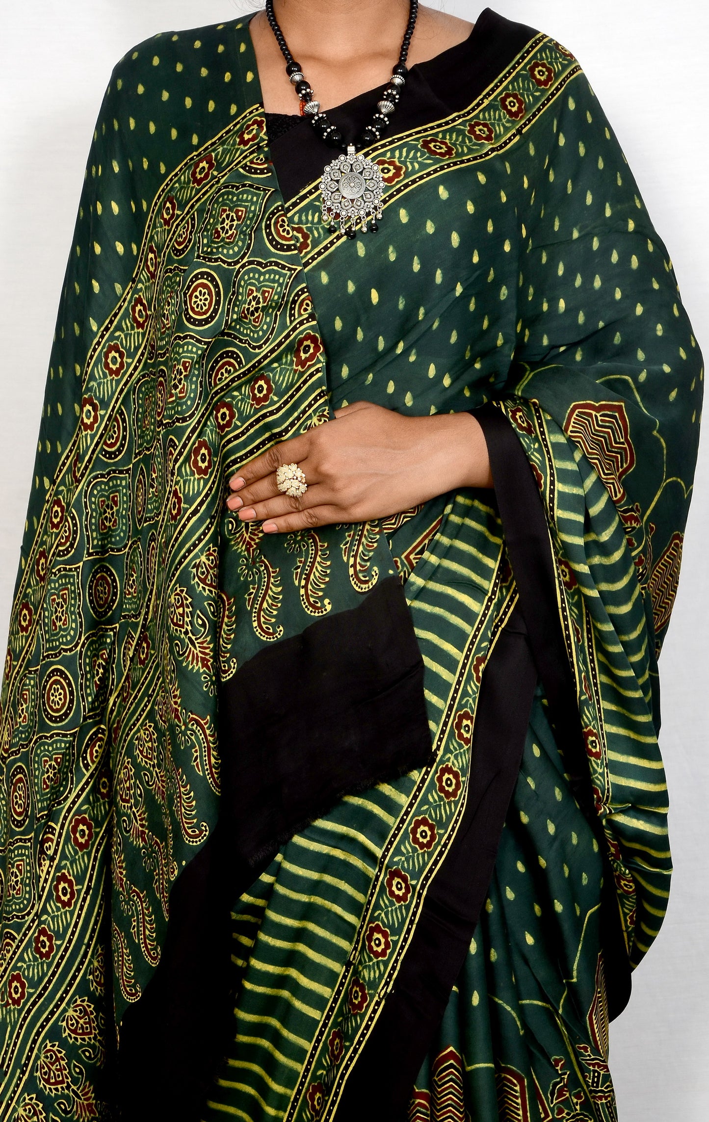 "Emerald Dusk – Green Ajrakh Hand Block Print Saree in Modal Silk"