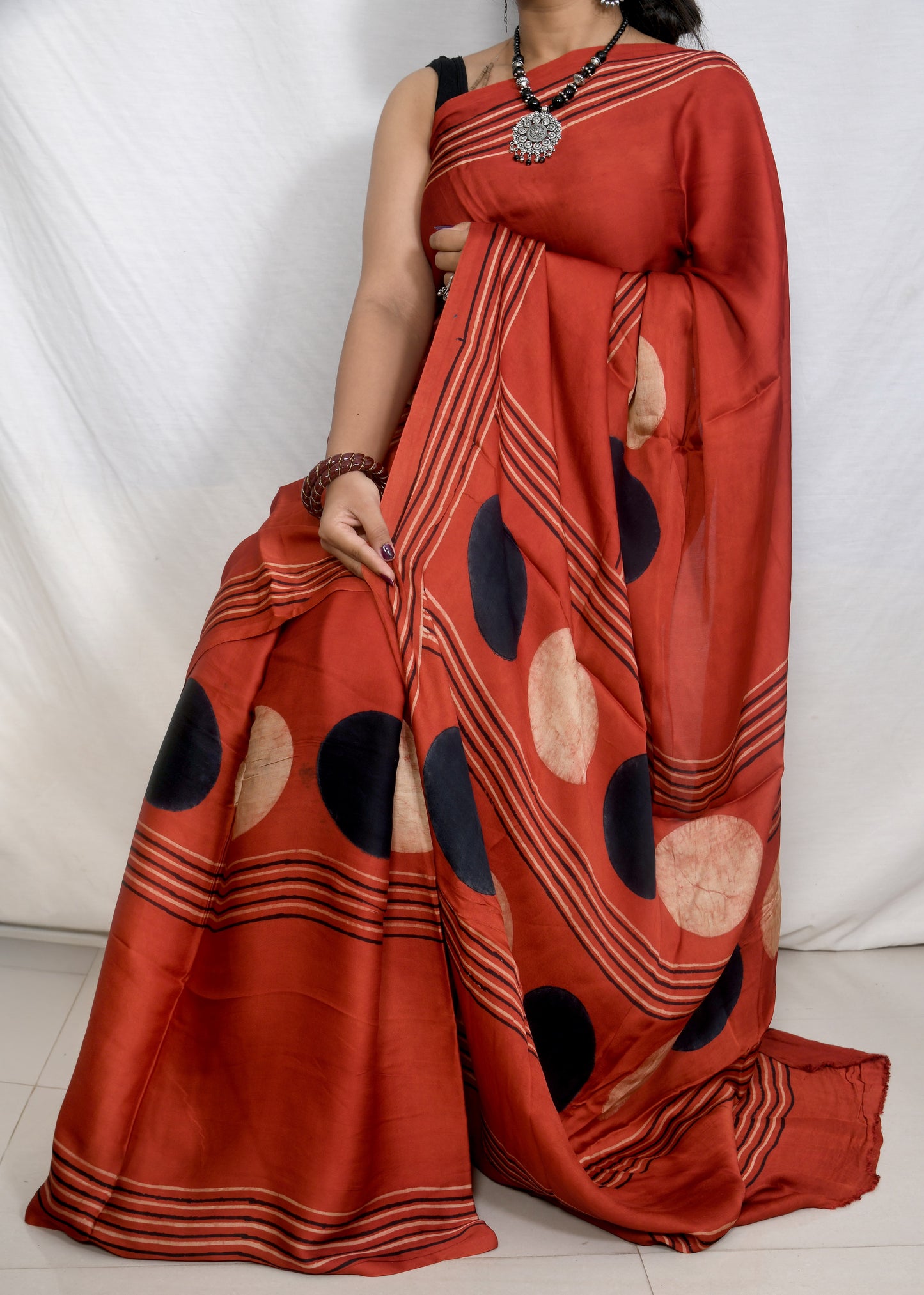 "Circle of Heritage – Maroon Ajrakh Saree in Natural Dyes"