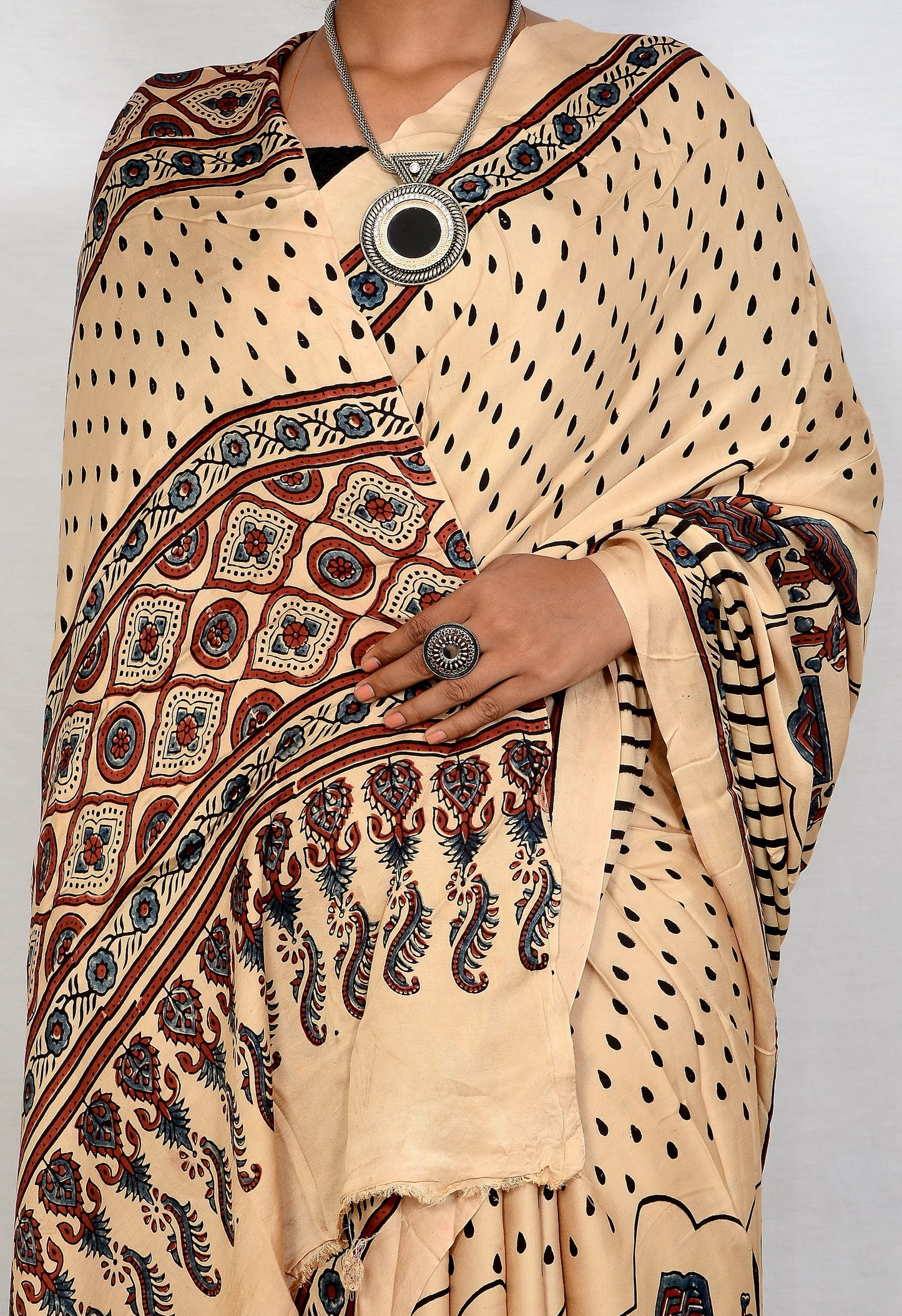 "Ivory Echo – White Ajrakh Hand Block Print Saree in Modal Silk"