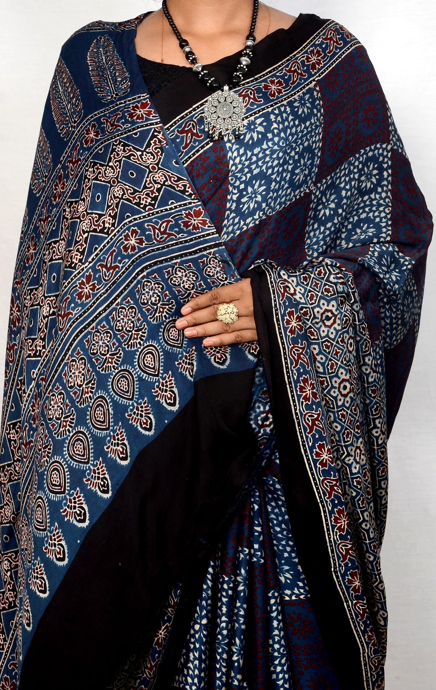 "Midnight Rhythm – Indigo Ajrakh Hand Block Print Saree in Modal Silk"