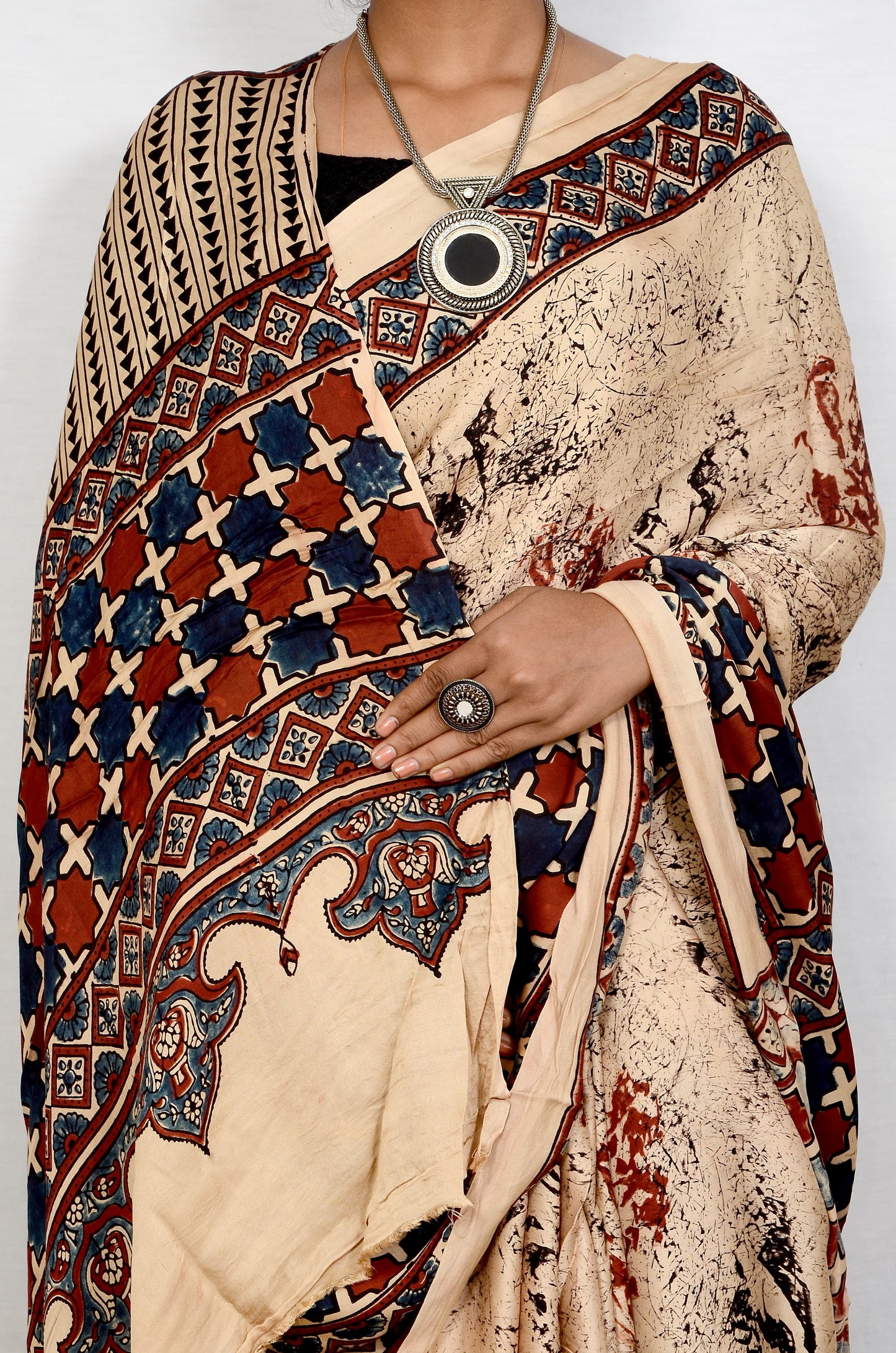 "Ivory Echo – White Ajrakh Saree in Modal Silk"
