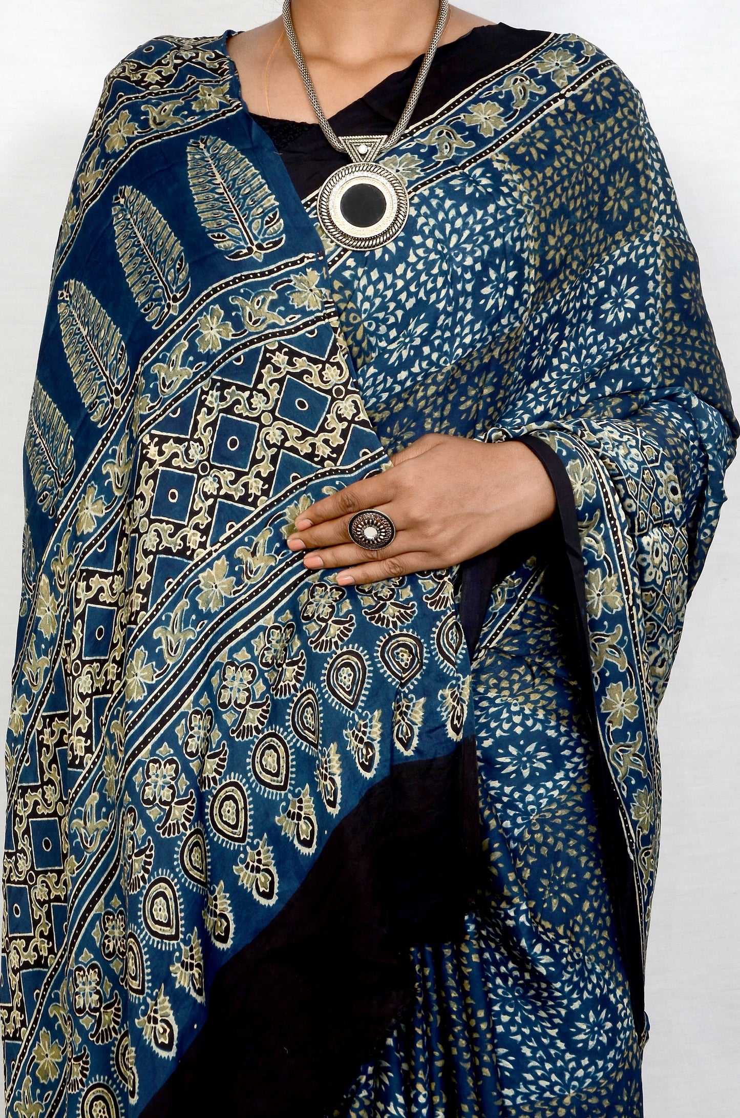 "Neela Sannata – Indigo Ajrakh Modal Silk Saree"