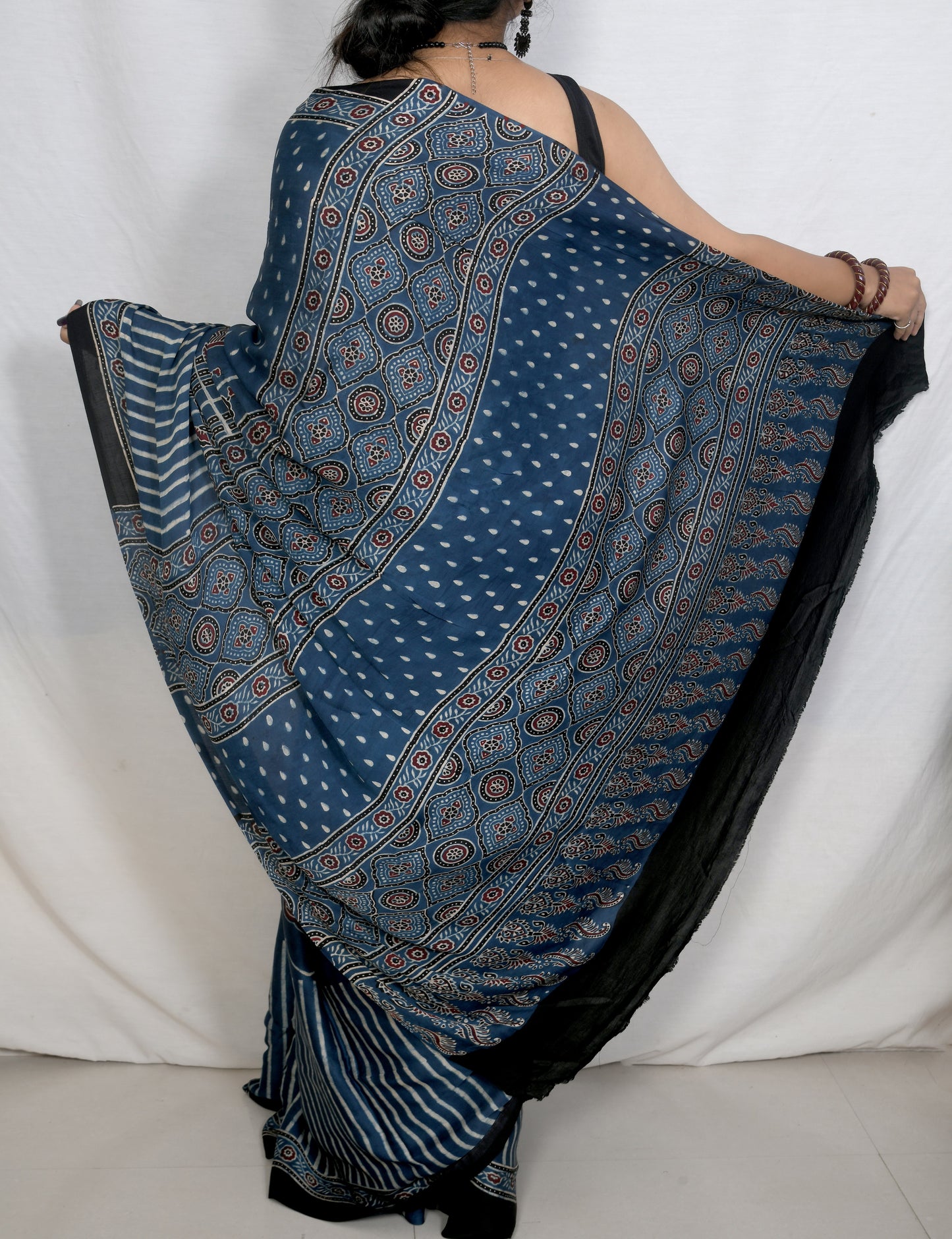 Elegant Indigo Modal Silk Saree – Handcrafted Ajrakh Block Print