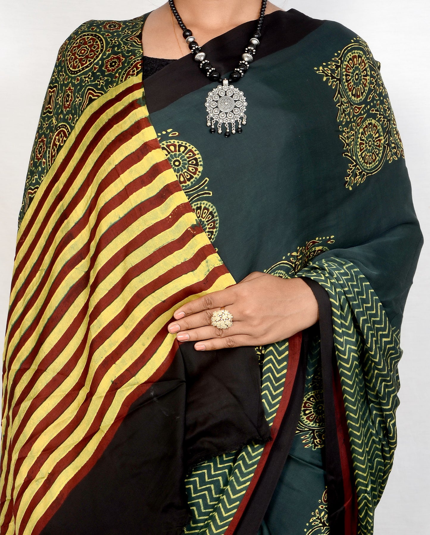 "Mehndi Muse – Green Ajrakh Hand Block Print Saree in Modal Silk"