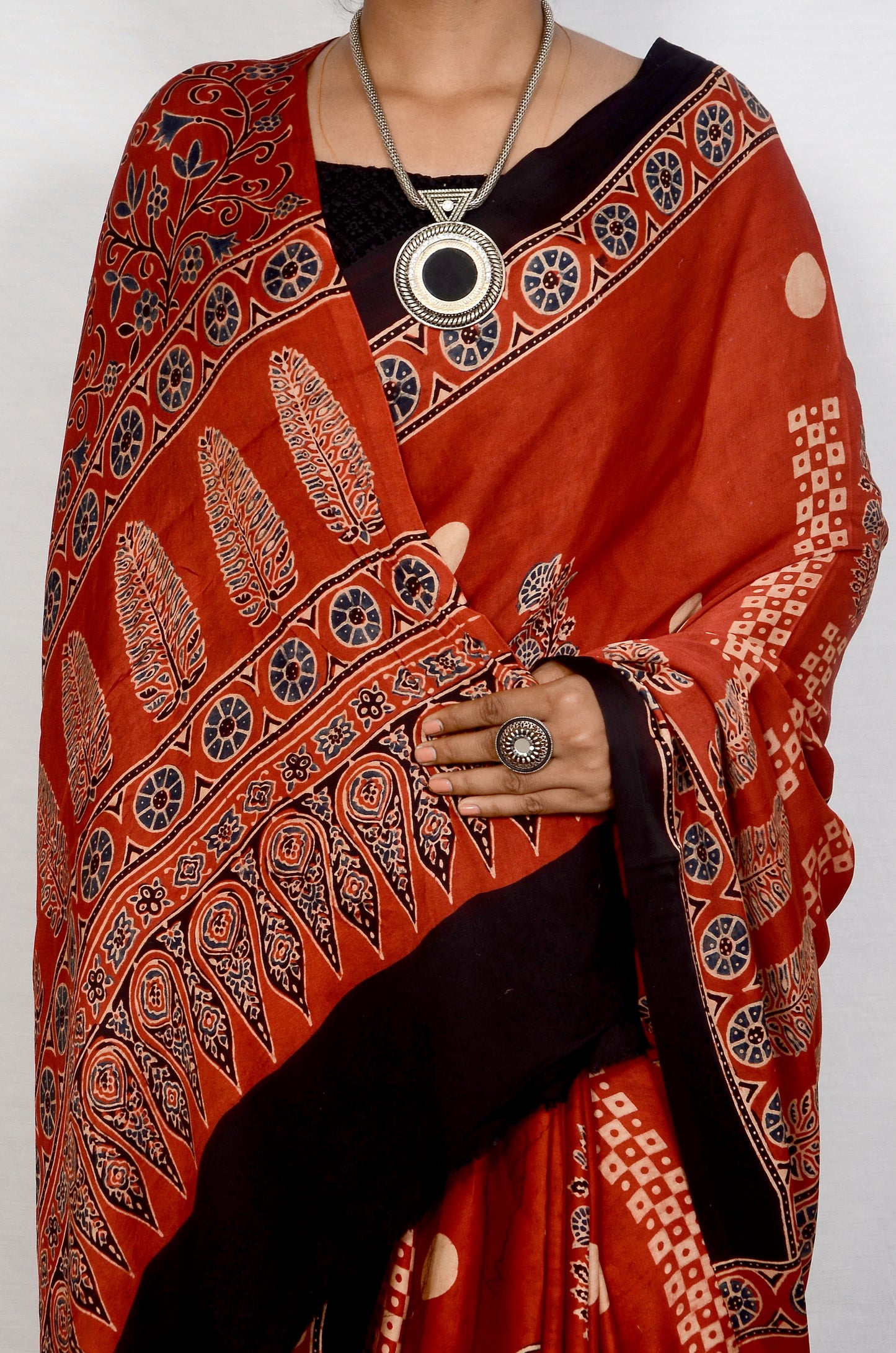 "Garnet Horizon – Maroon Ajrakh Hand Block Saree in Modal Silk"