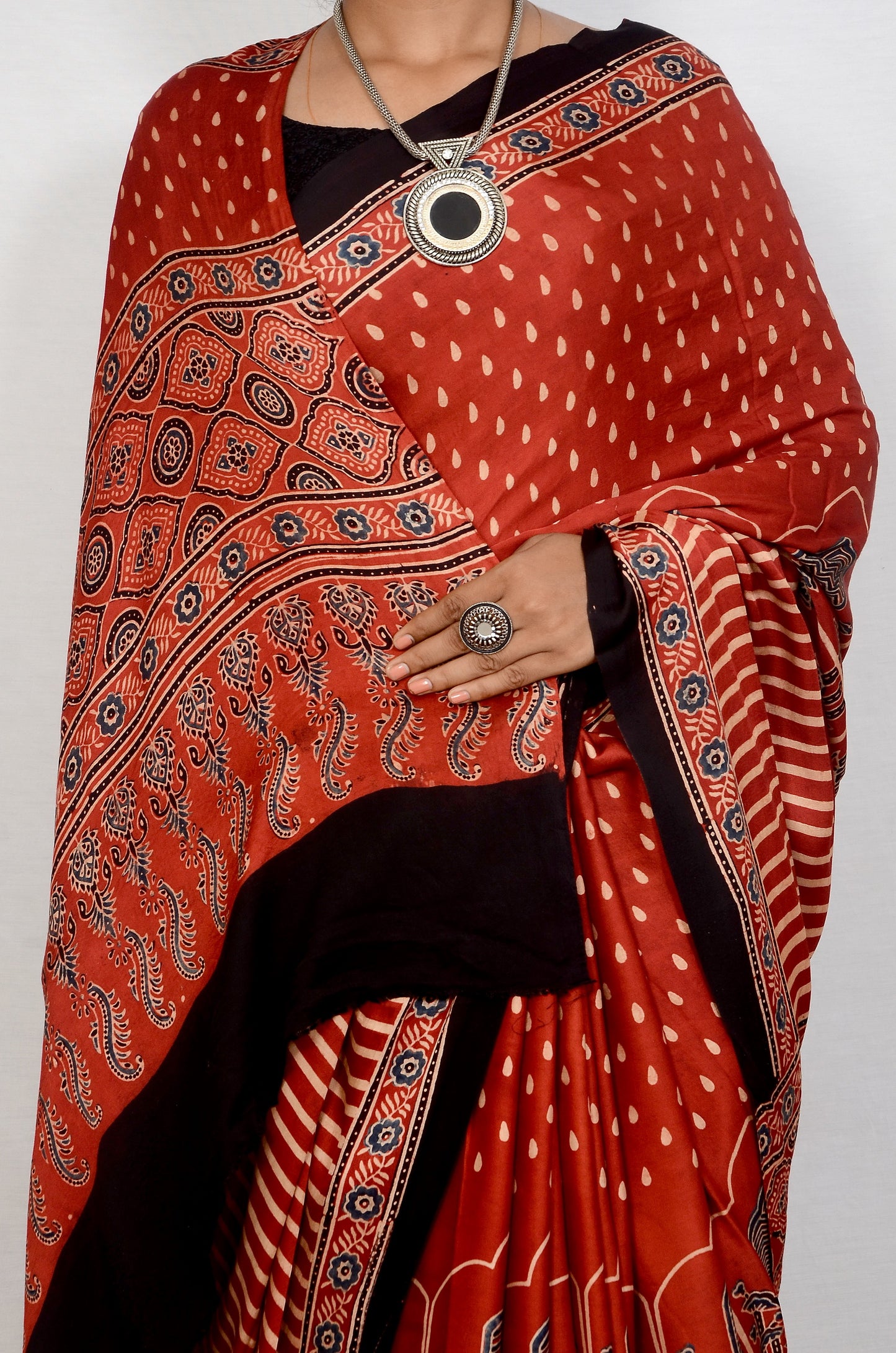 "Desert Garnet – Maroon Ajrakh Saree in Modal Silk"