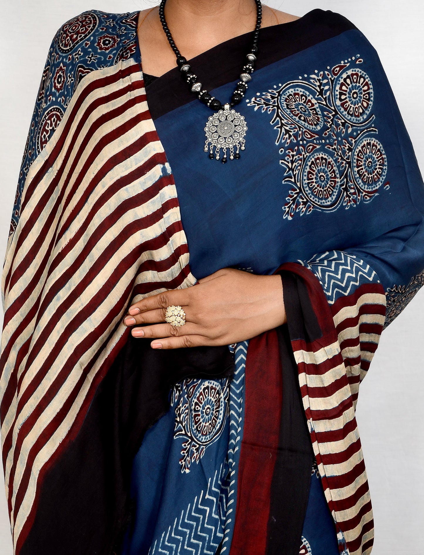 "Ocean Bloom – Blue Ajrakh Hand Block Print Saree in Modal Silk"