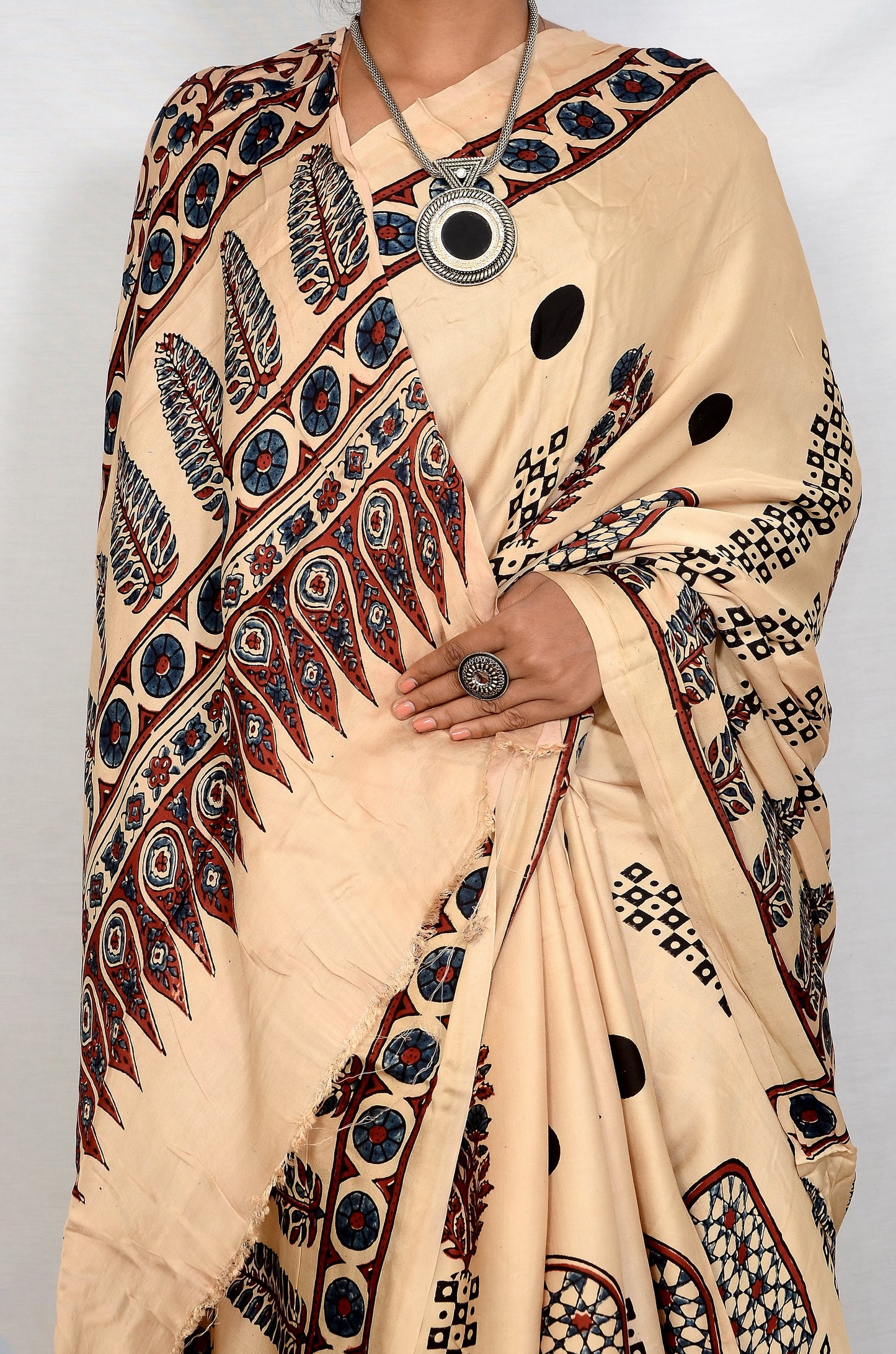 "Desert Pearl – White Ajrakh Saree in Modal Silk"