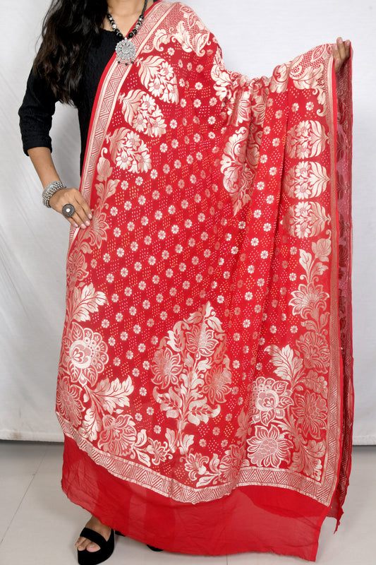 “Rakt – The Royal Red Khaddi Georgette Handloom Bandhani Dupatta”