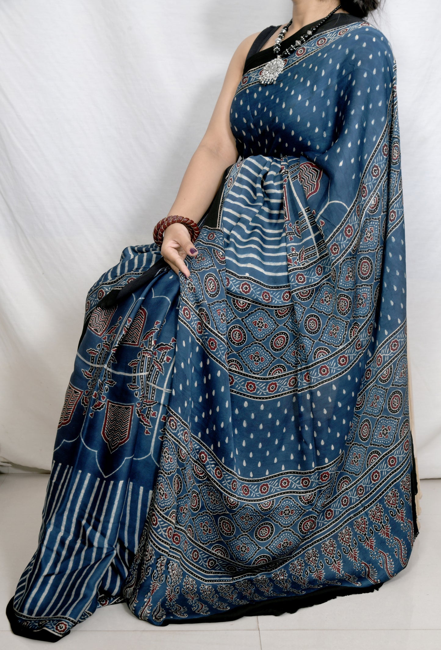 Elegant Indigo Modal Silk Saree – Handcrafted Ajrakh Block Print