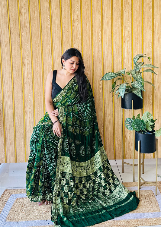Heritage glow bottle green bandhani saree