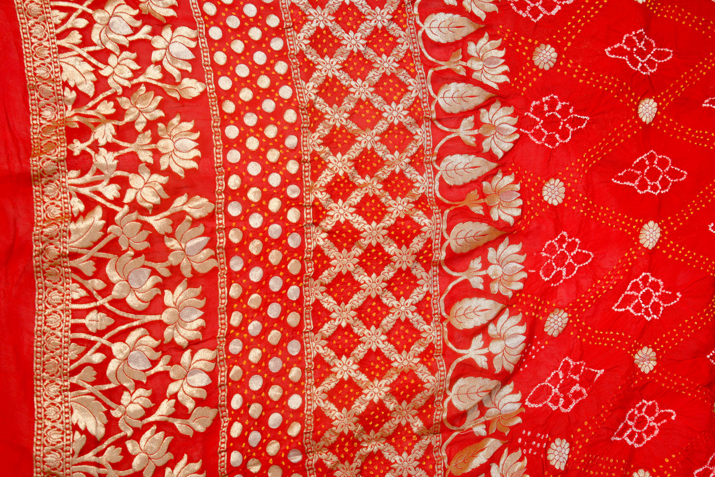 Handloom Red Khaddi Georgette Rai Bandhej Dupatta with Tested Zari – Traditional Artistry