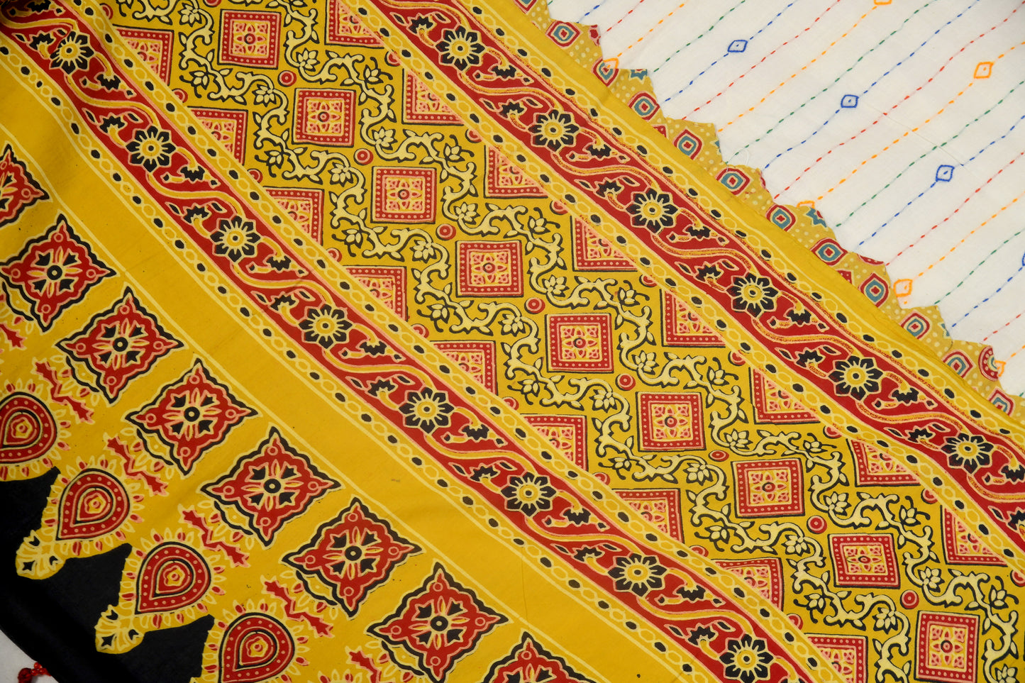 Desert hues Ajarakh white and yellow cotton dupatta