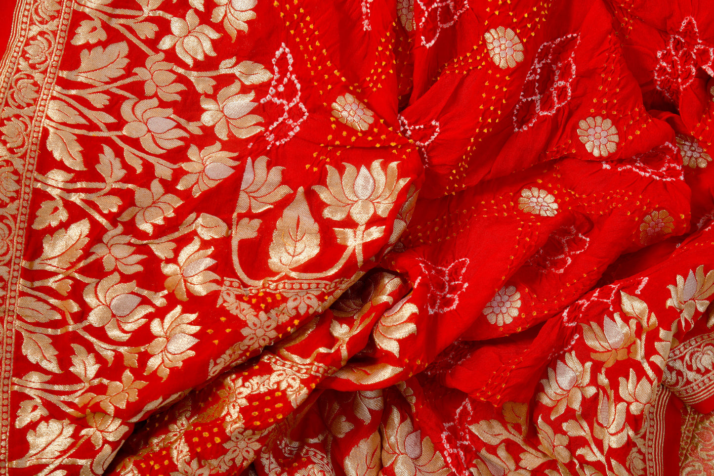 Handloom Red Khaddi Georgette Rai Bandhej Dupatta with Tested Zari – Traditional Artistry