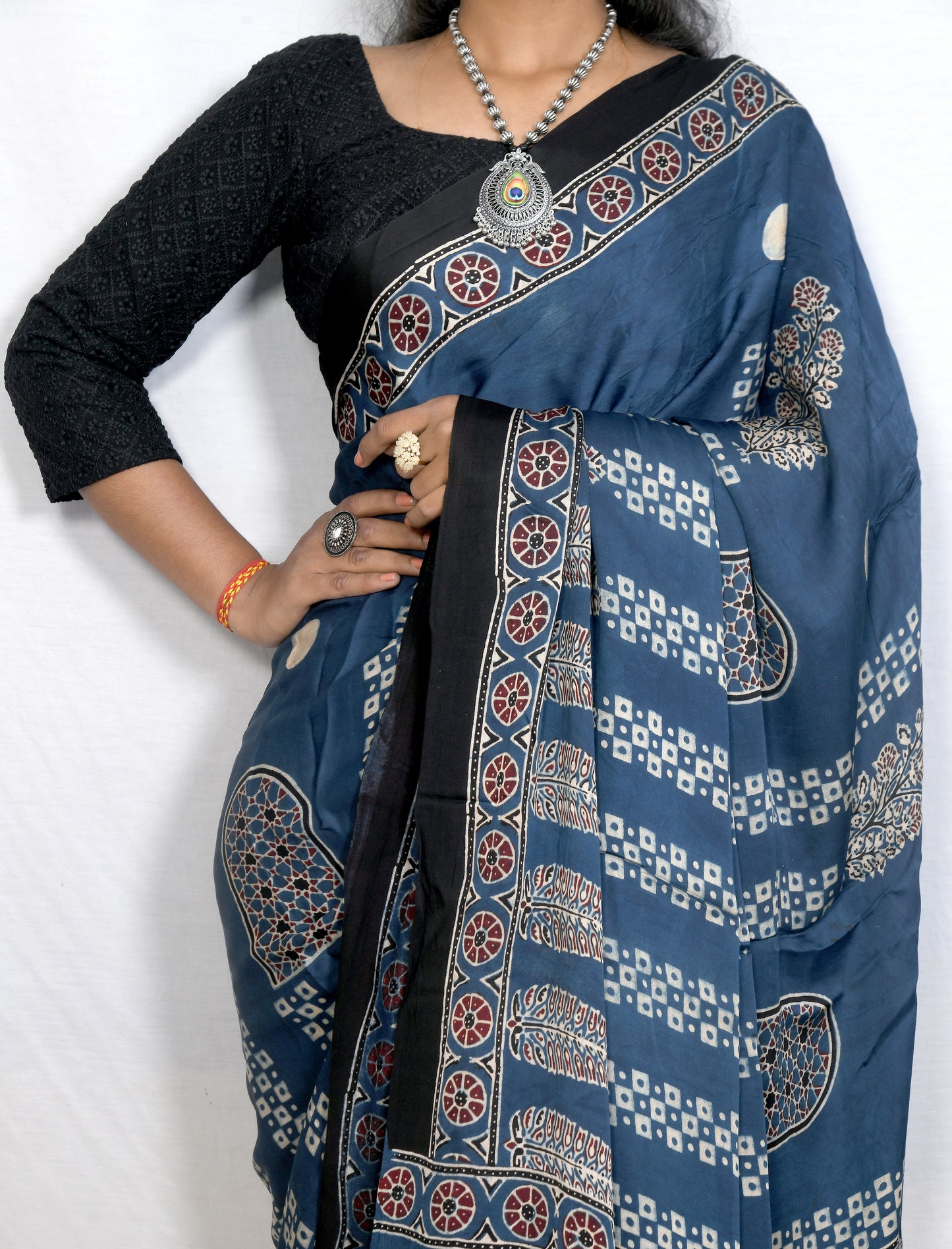 "River Blue – Indigo Ajrakh Saree with Traditional Motifs"