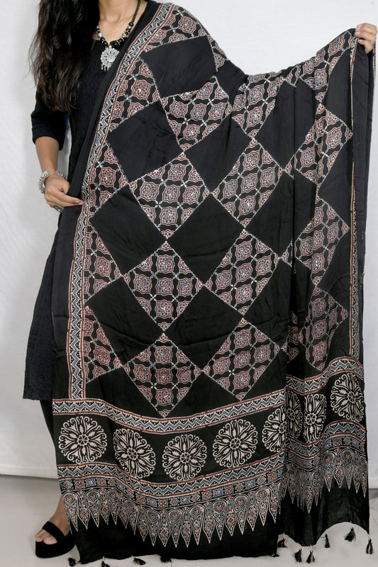 Earthy Touch Ajarakh Black Dupatta