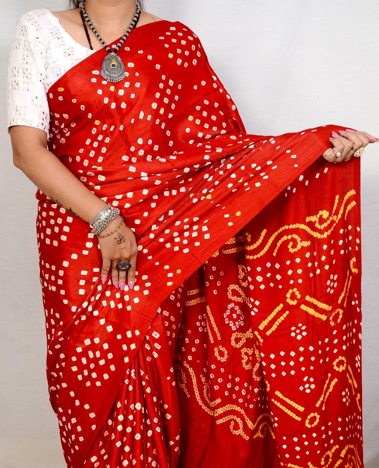Eternal bloom blood red bandhani saree