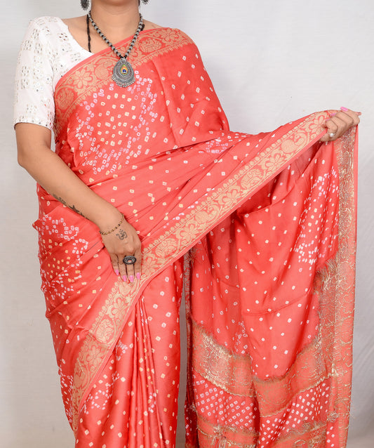 Pink Viscose Bandhani Saree with Japan Zari Work