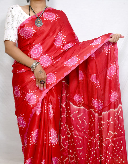 Gulaab Sindoor – Red & Hot Pink Gulti Bandhani Saree in Modal Silk