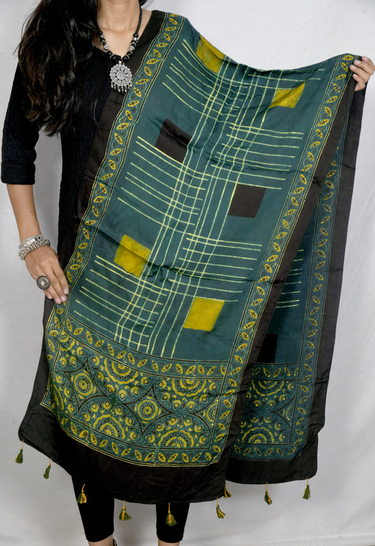 Green Ajrakh block print Stole